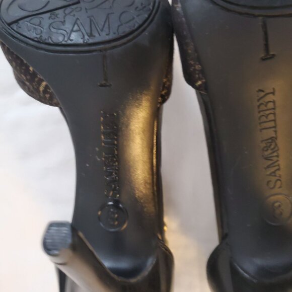 Sam & Libby Black/Gold Snake Print Ankle Chain Stiletto Heels Pumps Women's Sz 8 - Picture 9 of 12